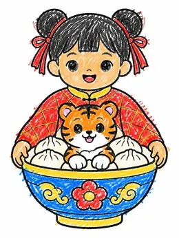 Cute Girl With Tiger Bowl – Chinese New Year Tiger Coloring Page