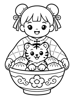 Free printable Cute Girl With Tiger Bowl coloring page