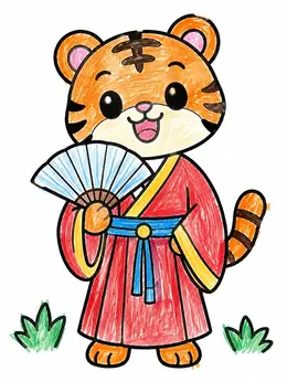 Cute Tiger In Traditional Hanfu Robe – Chinese New Year Tiger Coloring Page