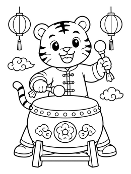 Free printable Festive Tiger Playing The Drum coloring page