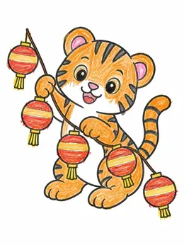 Playful Tiger Cub With Paper Lanterns – Chinese New Year Tiger Coloring ...