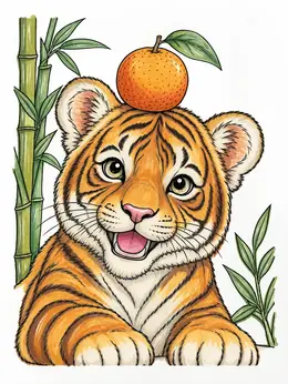 Tiger Cub With Mandarin Orange – Chinese New Year Tiger Coloring Page