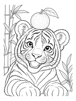 A cheerful chinese new year tiger coloring page with an orange balanced on a cub's head.