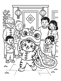 Free printable Tiger Performing Lion Dance For Family coloring page