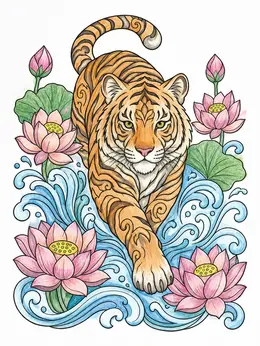 Tiger Among Lotus Flowers And Swirling Water – Chinese New Year Tiger ...