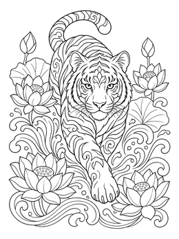 A detailed chinese new year tiger coloring page featuring a tiger walking through lotus flowers and waves.