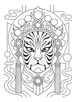 An ornate chinese new year tiger coloring page featuring a decorative opera headdress.