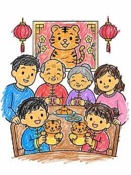 Family Celebrating Year Of The Tiger – Chinese New Year Tiger Coloring Page