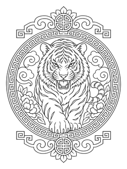 Detailed chinese new year tiger coloring page with ornate circular fretwork and clouds.