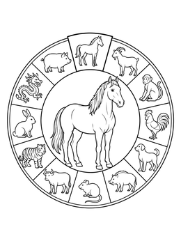 A detailed horse coloring page centered within a twelve-animal Chinese zodiac wheel.