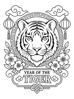 A detailed chinese new year tiger coloring page with traditional lanterns and blossoms.