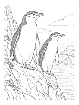 Two chinstrap penguins look out over the ocean in this detailed penguin coloring page.