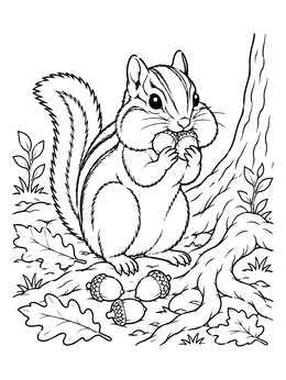 A cute chipmunk gathers nuts on an oak tree coloring page with autumn leaves.