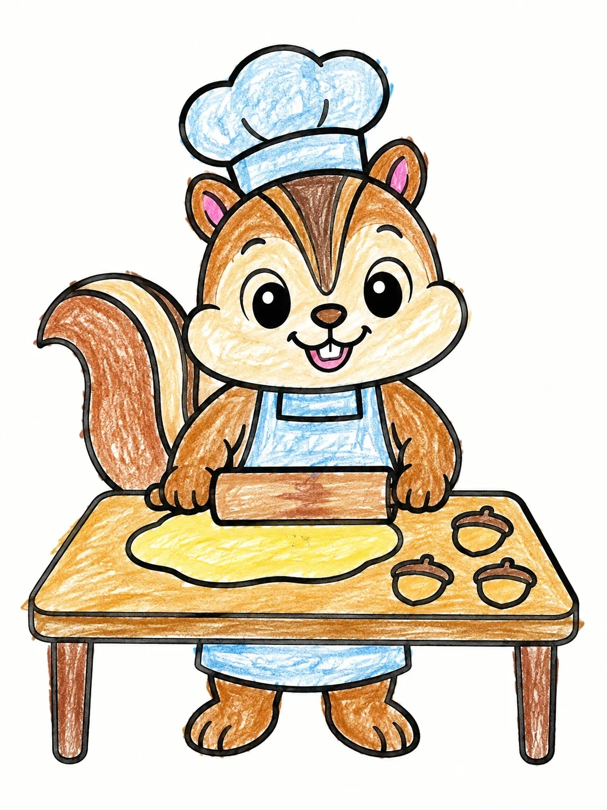 Colored example of the Little Chipmunk Baker Rolling Dough coloring page