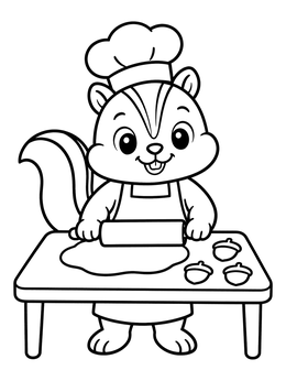 A chipmunk coloring page of a cute baker rolling out acorn cookie dough.