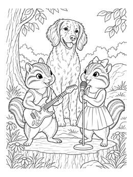 A musical chipmunk duo performs for a friendly dog in this brittany coloring page.