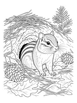 A detailed chipmunk coloring page showing a cute chipmunk emerging from its forest burrow.