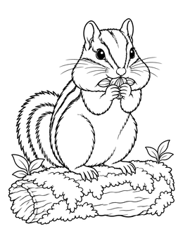 A fluffy chipmunk coloring page featuring the animal eating on a mossy log.