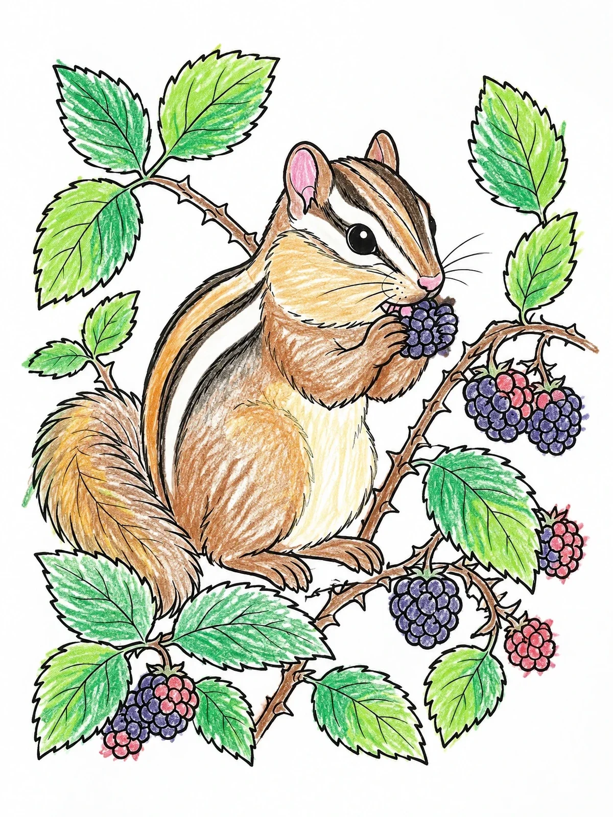 Colored example of the Chipmunk Nibbling Fresh Blackberries coloring page
