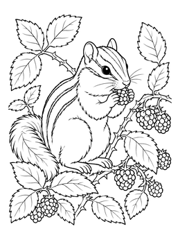 A detailed chipmunk coloring page featuring a small rodent eating ripe blackberries.