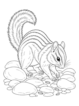 A detailed chipmunk coloring page showing the small rodent foraging for seeds among smooth stones.