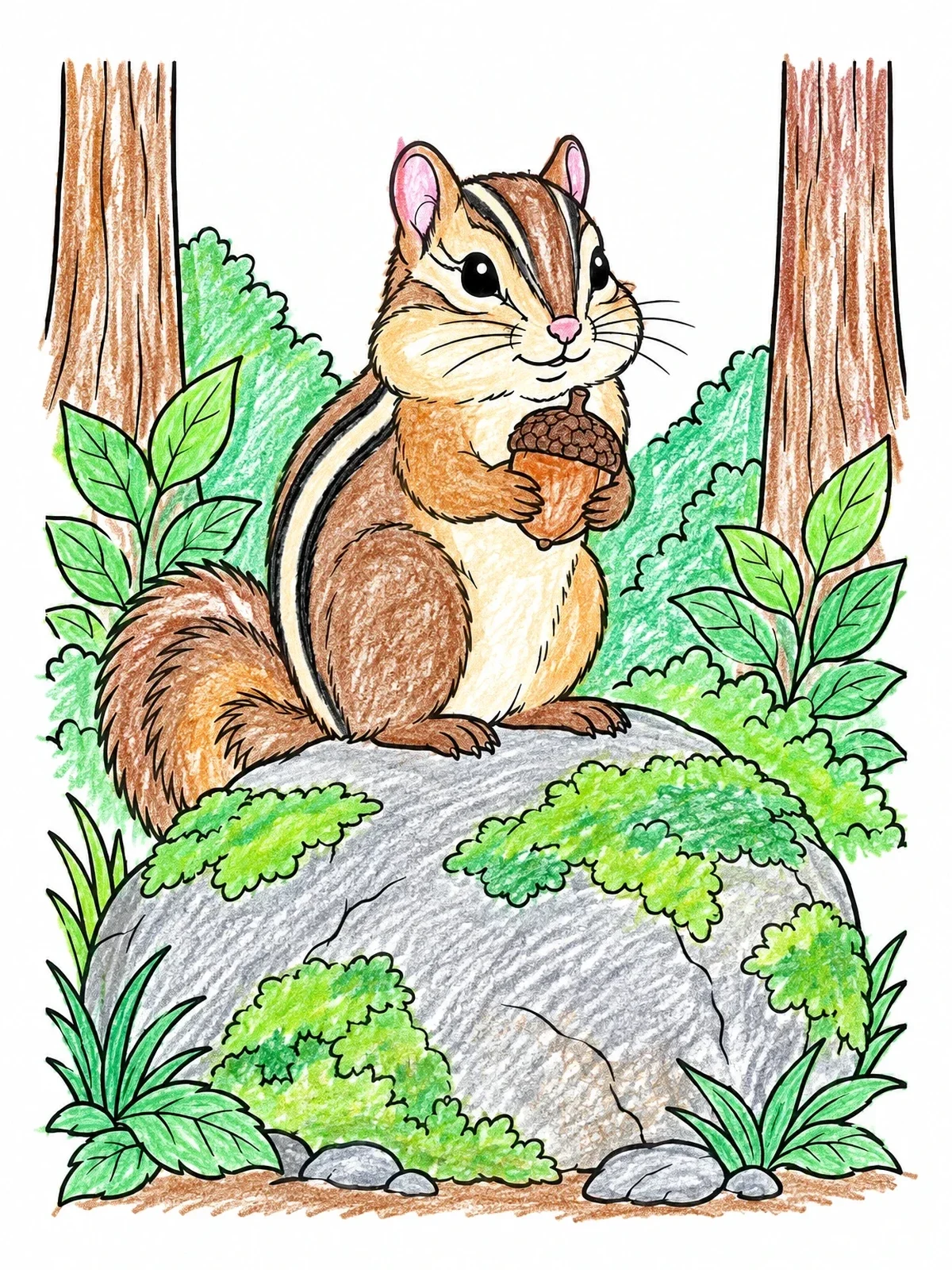 Colored example of the Chipmunk With Acorn On Forest Rock coloring page