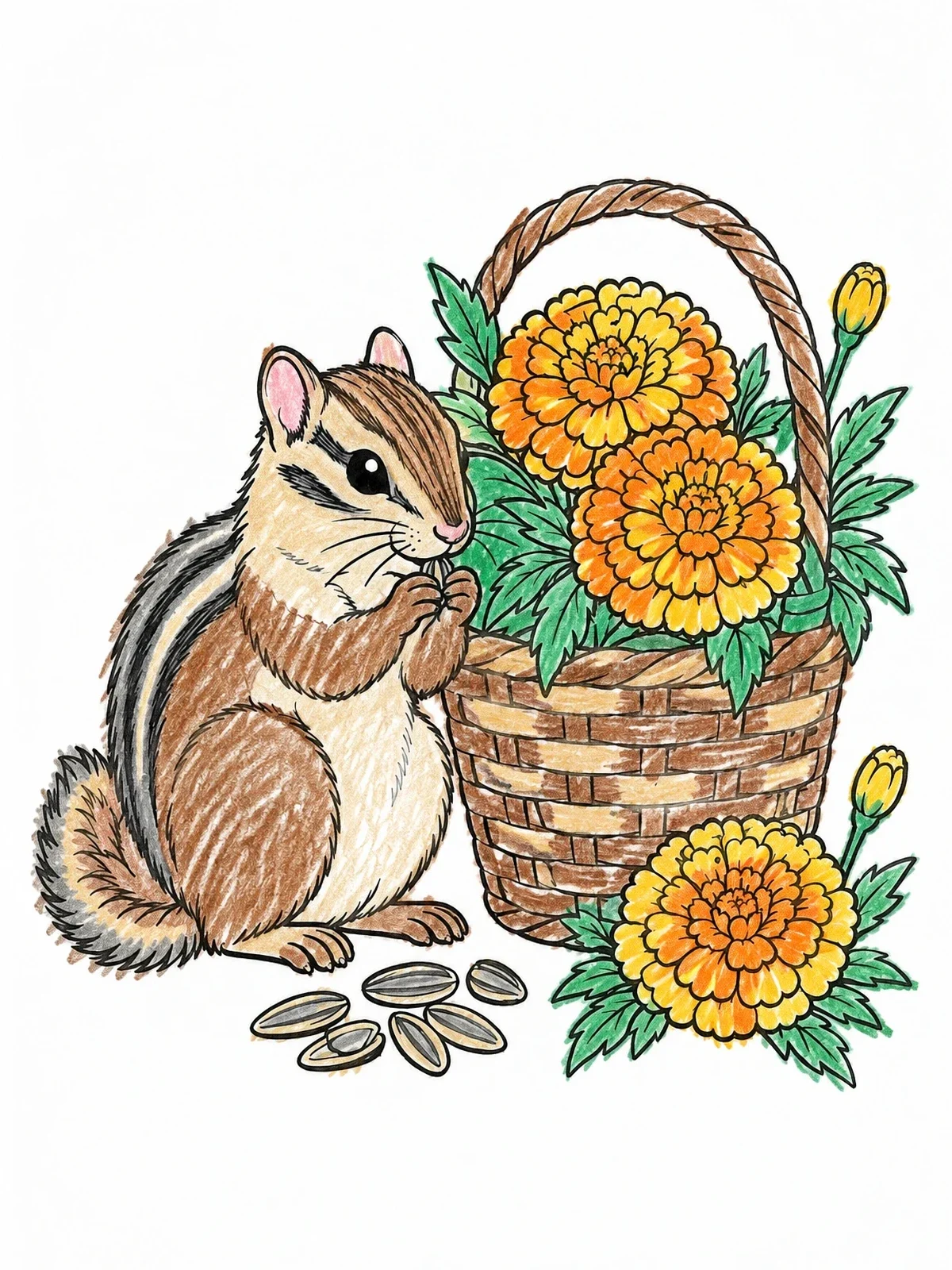 Colored example of the Chipmunk Beside Marigold Basket coloring page