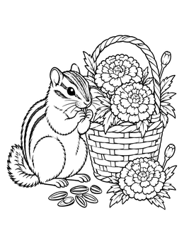 A chipmunk eats seeds beside a marigold flower basket coloring page.