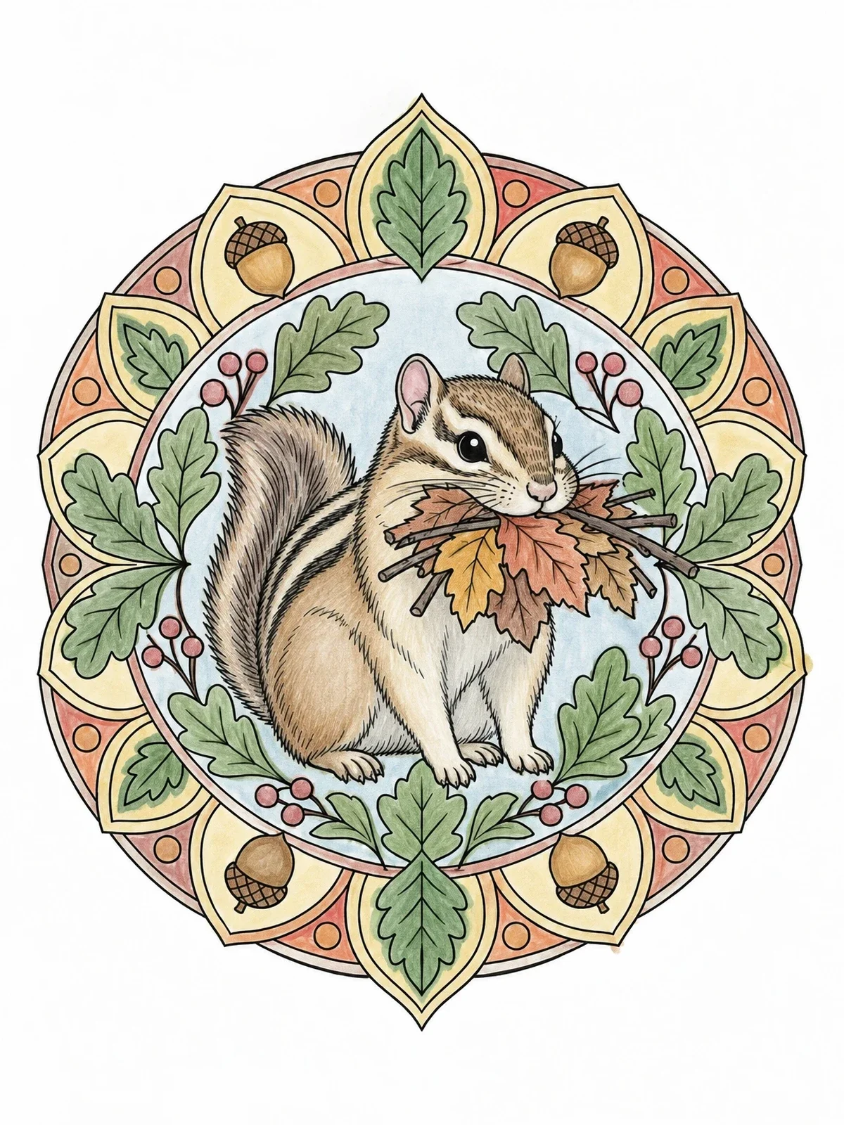 Colored example of the Chipmunk Nesting Mandala coloring page
