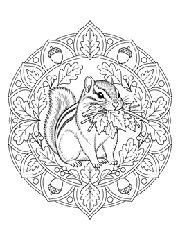 A detailed chipmunk coloring page featuring leaves and an intricate mandala frame.