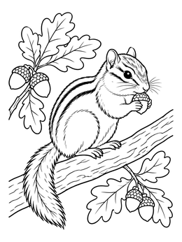A detailed chipmunk coloring page featuring a small rodent nibbling an acorn on a leafy branch.