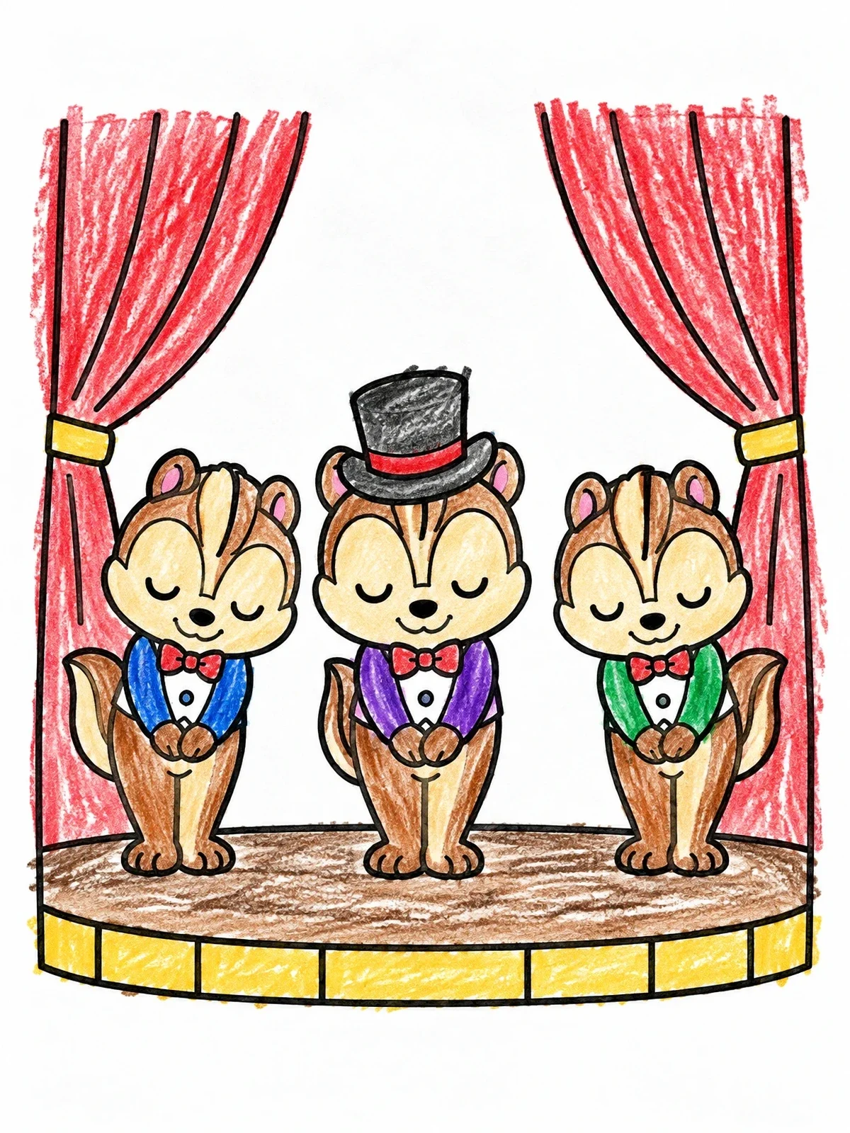 Colored example of the Chipmunk Performers Bowing On Stage coloring page
