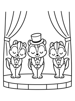 A chipmunk coloring page featuring three cute performers in fancy bowties taking a bow on stage.