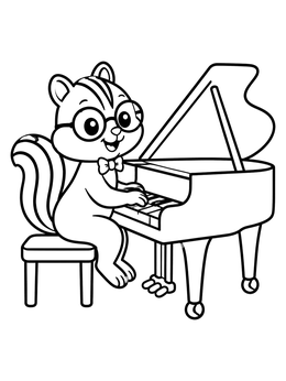 A cheerful chipmunk coloring page featuring a squirrel in glasses playing a concert grand piano.