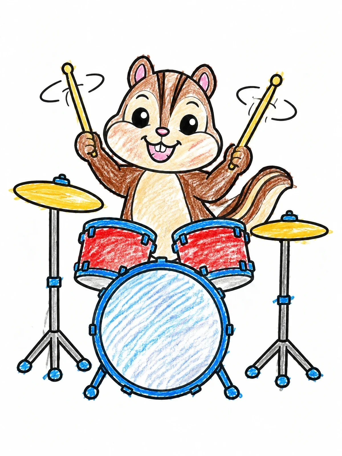 Colored example of the Happy Chipmunk Playing The Drums coloring page