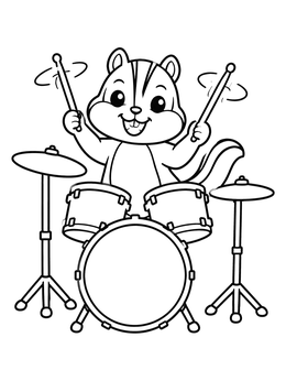 A cheerful drummer chipmunk coloring page featuring a drum set and spinning sticks.