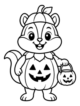 A cute chipmunk coloring page featuring a pumpkin costume and candy bucket.