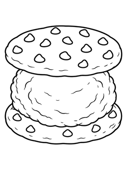 An ice cream scoops coloring page featuring a textured scoop between two chocolate chip cookies.