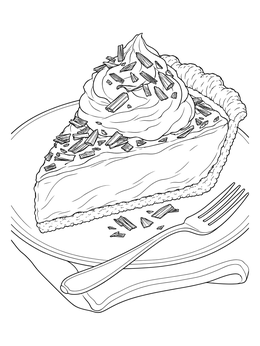 A delicious slice of dessert rests on a plate in this pie coloring page with chocolate flakes.