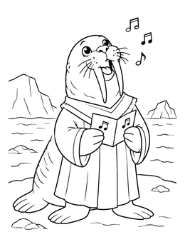 A cheerful choir walrus coloring page featuring musical notes and icebergs.
