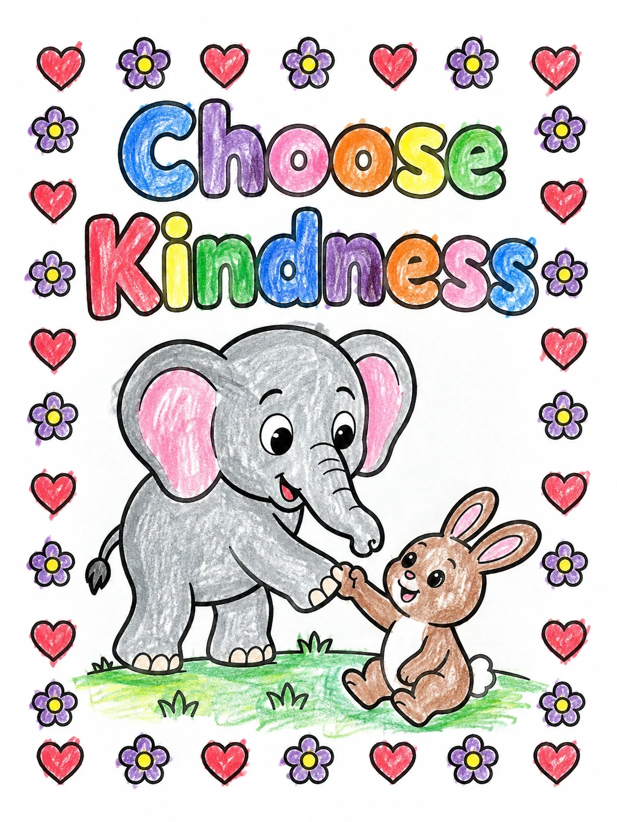 Colored example of the Choose Kindness Elephant And Bunny coloring page