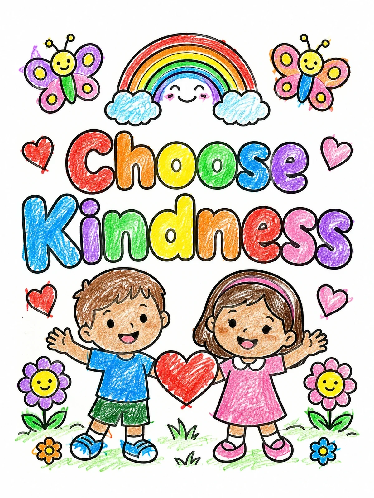 Colored example of the Choose Kindness With Happy Children coloring page