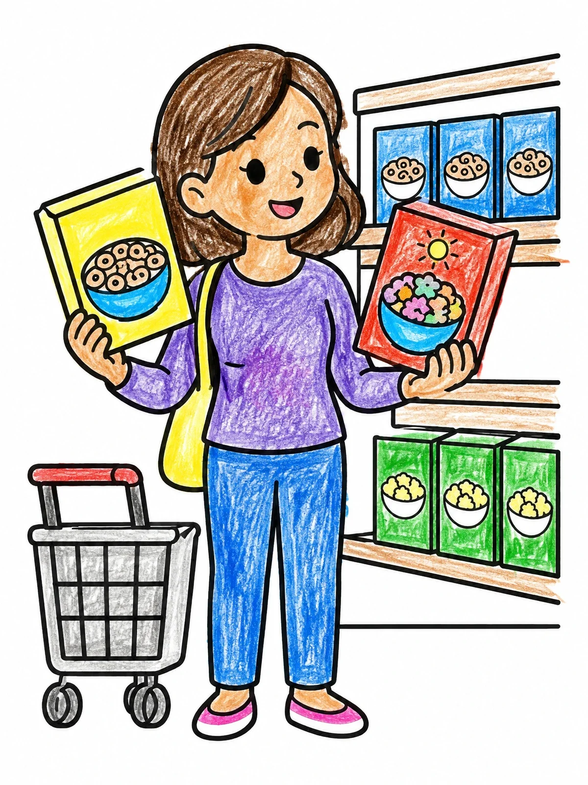 Colored example of the Choosing Cereal At The Grocery Store coloring page