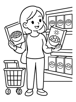 Free printable Choosing Cereal At The Grocery Store coloring page