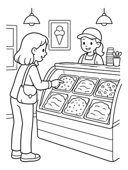 A girl pointing at flavor tubs in an ice cream coloring page scene.