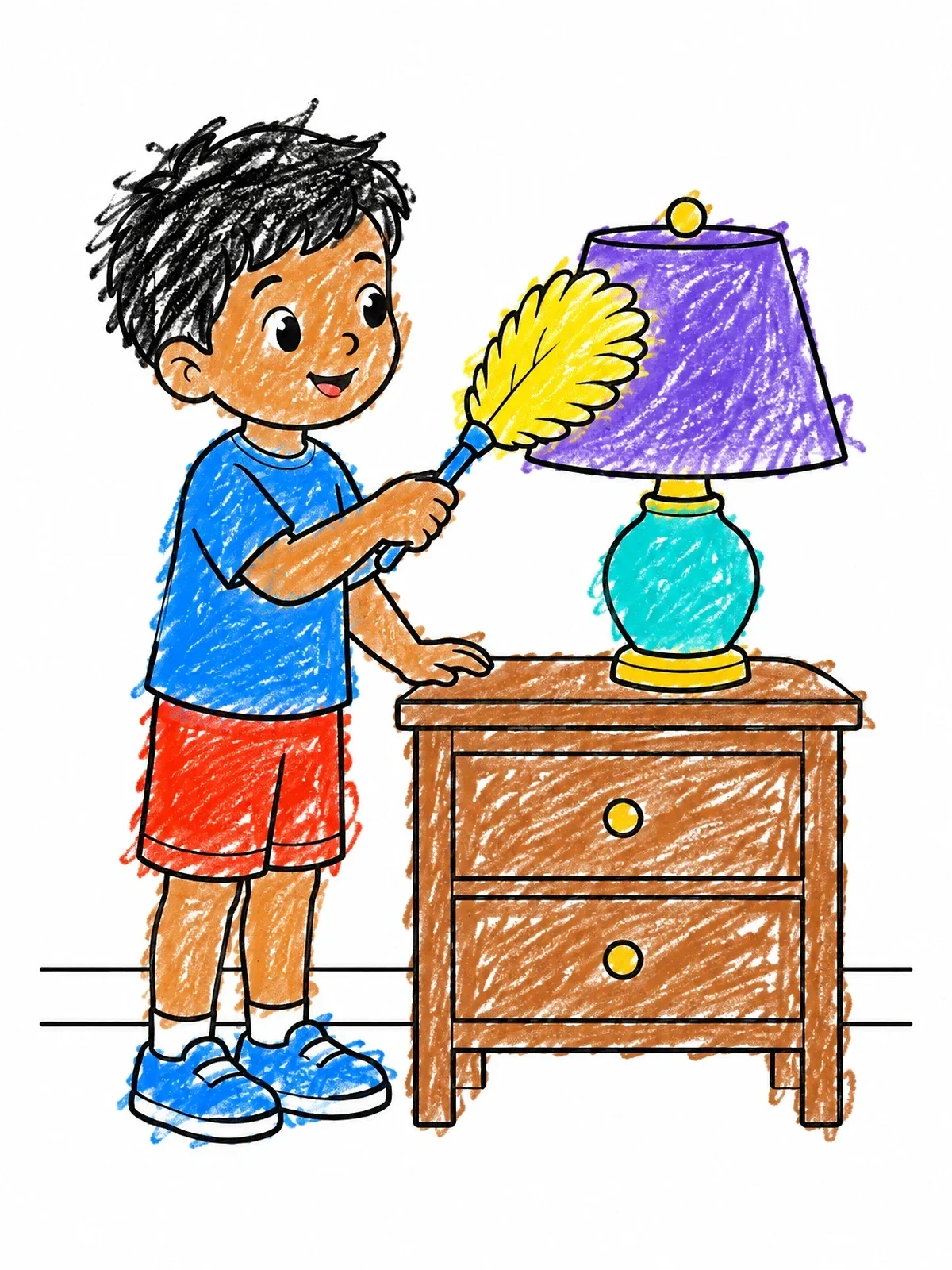 Colored example of the Little Boy Dusting A Table Lamp coloring page