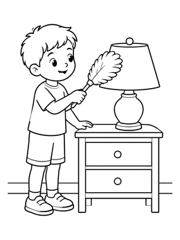 Free printable Little Boy Dusting A Table Lamp coloring page