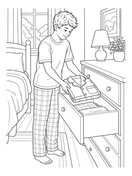 Free printable Boy Putting Away Clean Clothes coloring page