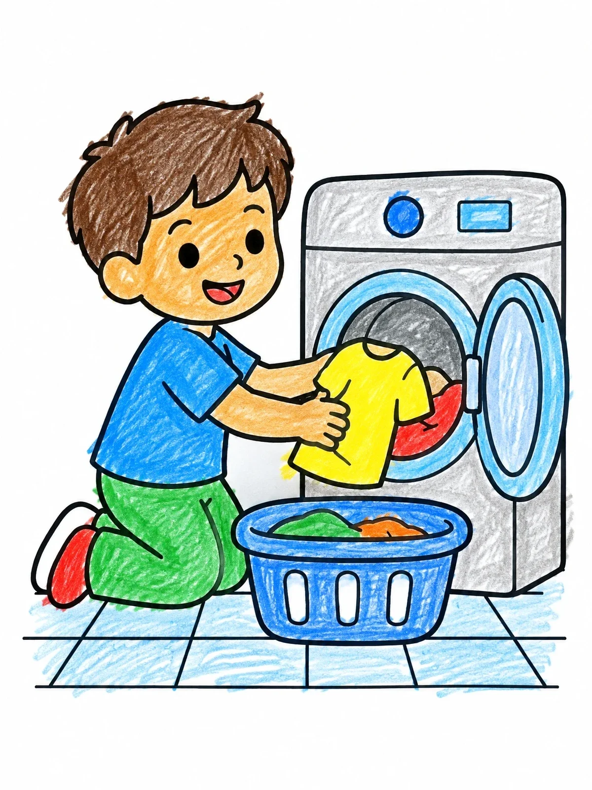 Colored example of the Boy Doing Laundry At Washing Machine coloring page