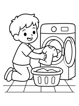 Free printable Boy Doing Laundry At Washing Machine coloring page
